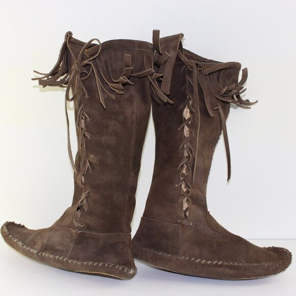 Handmade Vintage Brown Leather Suede Tall Moccasin Shoes (11 US) - Picture 8 of 14